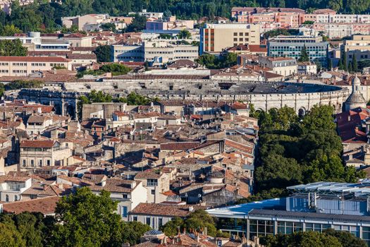 Arena of Nimes - aerial view. Nimes, Occitanie, France. 