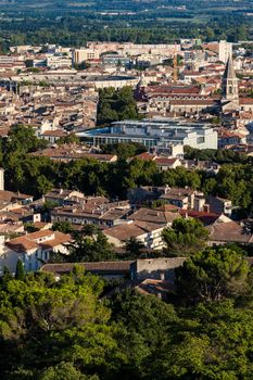 Aerial panorama of Nimes. Nimes, Occitanie, France.