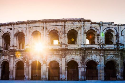 Arena of Nimes at sunrise. Nimes, Occitanie, France.