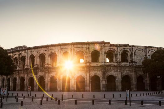 Arena of Nimes at sunrise. Nimes, Occitanie, France.