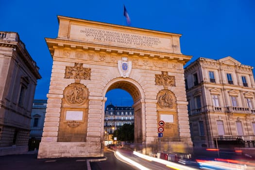 Porte du Peyrou - triumphal arch in Montpellier. Montpellier, Occitanie, France.