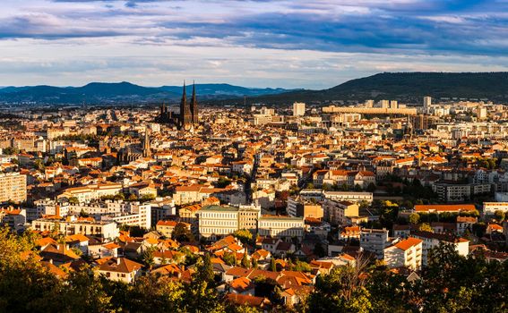 Panorama of Clermont-Ferrand at sunset. Clermont-Ferrand, Auvergne-Rhone-Alpes, France.