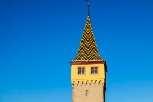 Mangenturm in Lindau against blue skuy. Lindau, Bavaria, Germany.