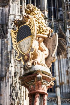 Lion Fountain and Ulm Minster. Ulm, Baden-Wurttemberg, Germany.