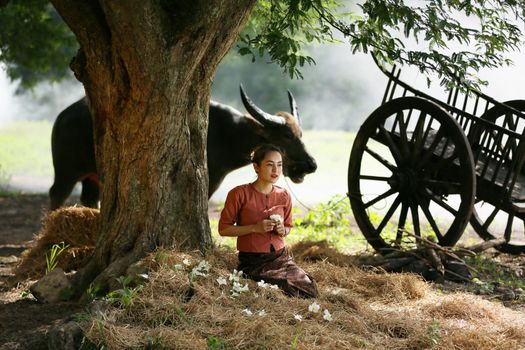 Asian woman wearing traditional thai culture, in field, vintage style listening radio on buffalo and farm background
