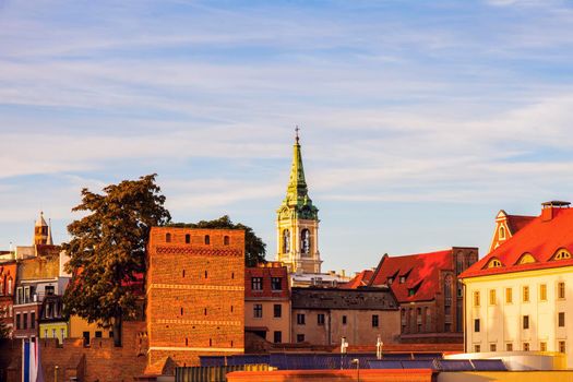 Torun Old Town from the bridge at sunset. Torun, Kuyavian-Pomeranian, Poland.