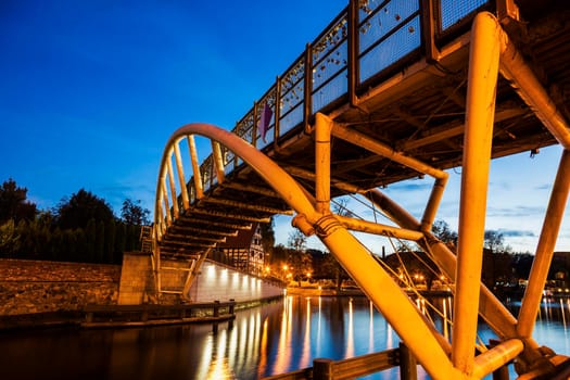 Small bridge on Brda River in Bydgoszcz. Bydgoszcz, Kuyavian-Pomeranian, Poland.