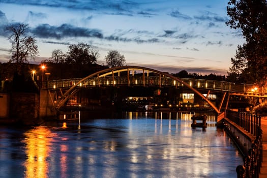 Pedestrian bridge on Brda River in Bydgoszcz. Bydgoszcz, Kuyavian-Pomeranian, Poland.