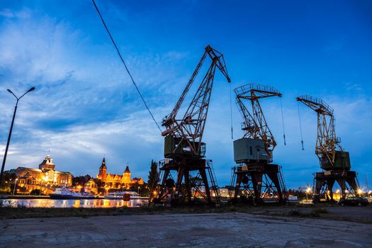 Old cranes in Szczecin. Szczecin, West Pomeranian, Poland