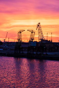 Old cranes in Szczecin. Szczecin, West Pomeranian, Poland