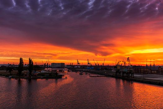 Old cranes in Szczecin at sunrise. Szczecin, West Pomeranian, Poland