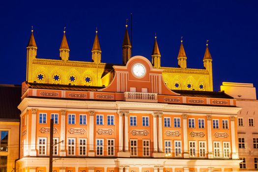 Architecutre of Rostock - Rathaus on Neuer Markt. Rostock, Mecklenburg-Vorpommern, Germany.