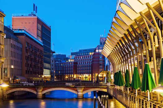 Architecutre of Hamburg at night. Hamburg, Germany.