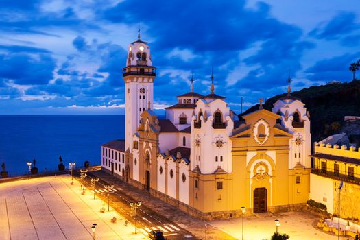 Candelaria Church at night. Candelaria, Santa Cruz de Tenerife, Tenerife, Canary Islands, Spain.