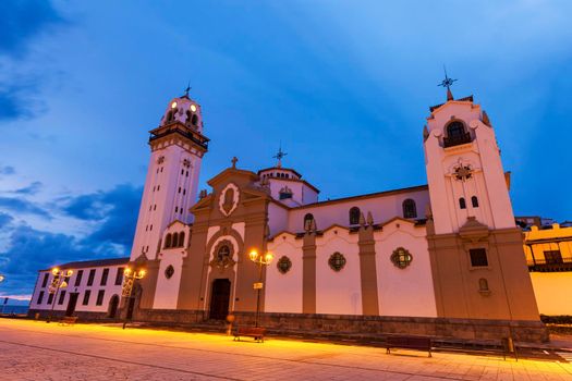 Candelaria Church at night. Candelaria, Santa Cruz de Tenerife, Tenerife, Canary Islands, Spain.