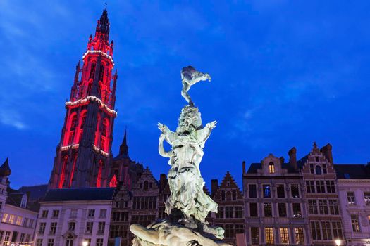 Brabo Fountain on Grote Markt in Antwerp. Antwerp, Flemish Region, Belgium