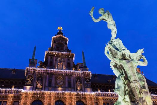 Brabo Fountain on Grote Markt in Antwerp. Antwerp,  Flemish Region, Belgium