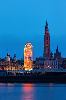 Panorama of Antwerp across Scheldt River. Antwerp,  Flemish Region, Belgium