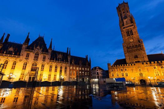 Belfry of Bruges at night. Bruges, Flemish Region, Belgium