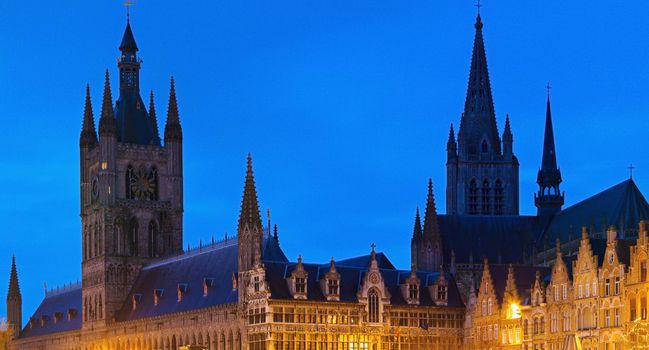 Cloth Hall and Belfry in Ypres. Ypres, West Flanders, Flemish Region, Belgium