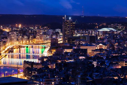 Panorama of Liege at night. Liege, Wallonia, Belgium