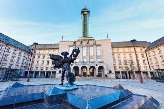 New City Hall in Ostrava and the fountain. Ostrava, Moravian-Silesian Region, Czech Republic.