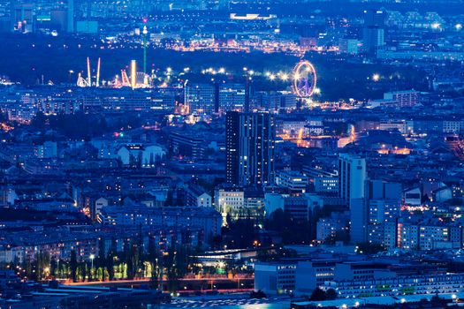 Aerial panorama of Vienna at night. Vienna, Austria.