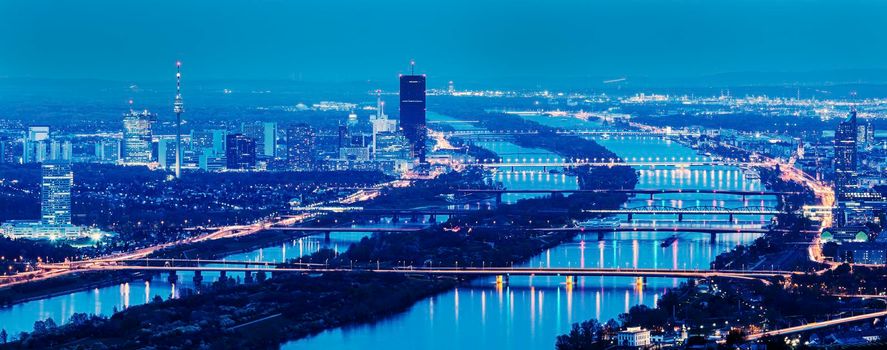 Skyline of Donau City - Vienna DC and bridges on Danube River Vienna, Austria.