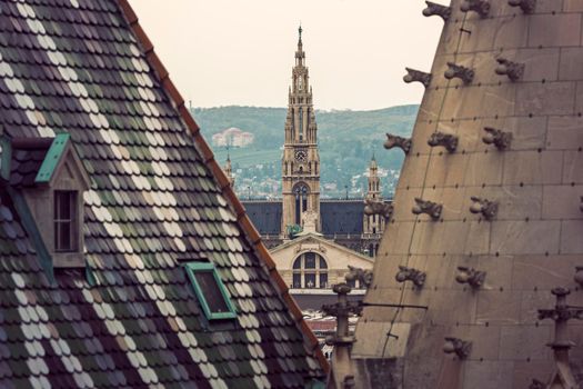 Vienna City Hall seen from St. Stephen's Cathedral. Vienna, Austria.