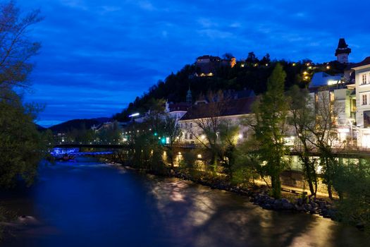 Castle Hill and Mur River. Graz, Styria, Austria.