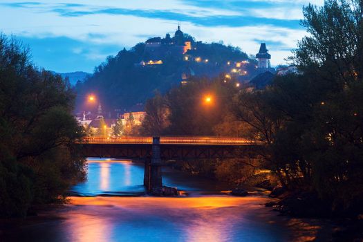Castle Hill and Mur River. Graz, Styria, Austria.