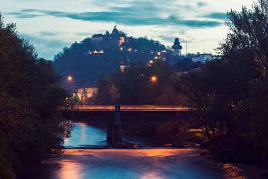 Castle Hill and Mur River. Graz, Styria, Austria.