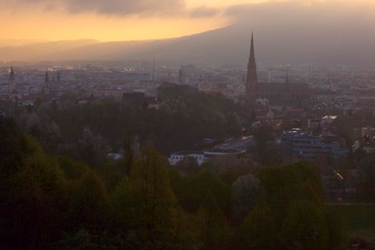 Linz panorama at sunrise. Linz, Upper Austria, Austria.