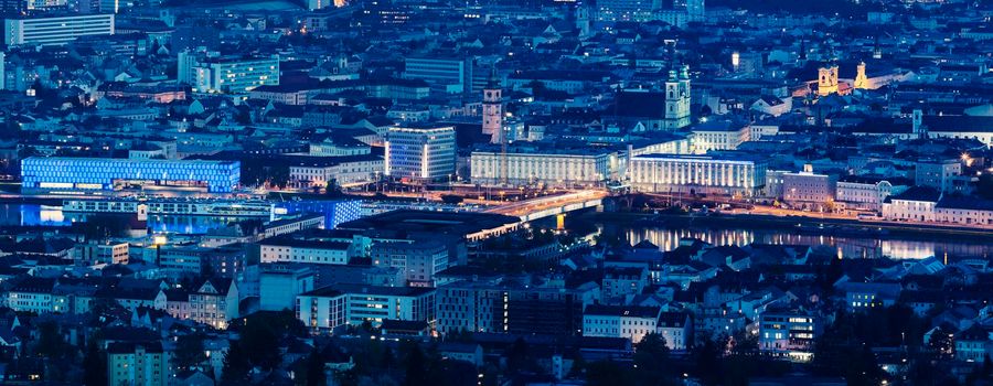 Linz panorama at night. Linz, Upper Austria, Austria.