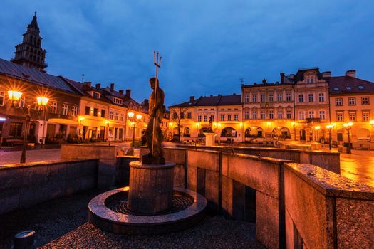 Neptun Fountain on Main Square in Bielsko-Biala. Bielsko-Biala, Silesia, Poland.