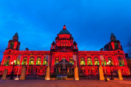 Illuminated Belfast City Hall. Belfast, Northern Ireland, United Kingdom.