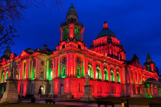 Illuminated Belfast City Hall. Belfast, Northern Ireland, United Kingdom.