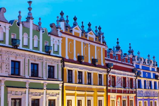 Colorful Great Market Square in Zamosc. Zamosc, Lublin, Poland.