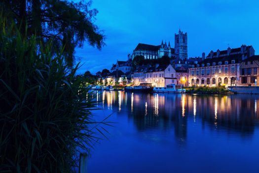 Auxerre Cathedral across Yonne River. Auxerre, Burgundy, France