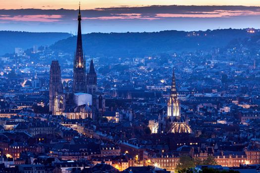 Panorama of Rouen at sunset. Rouen, Normandy, France