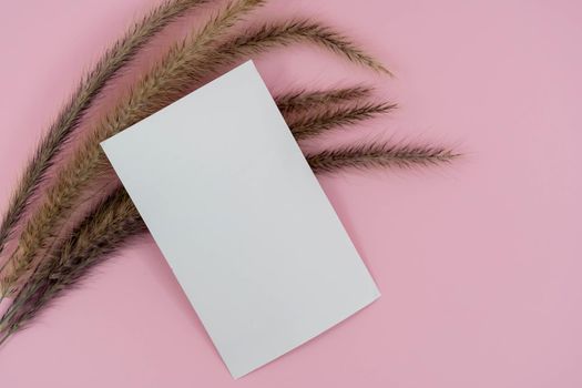 Top view of blank paper page on pink background office desk and different objects. Minimal flat lay style