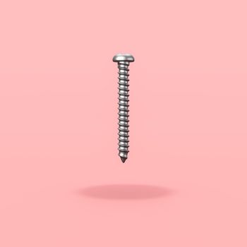 One Metallic Screw Isolated on Flat Red Background with Shadow 3D Illustration