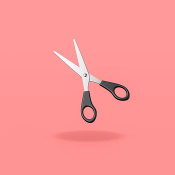 Pair of Metal Scissors with Black Hilt Isolated on Flat Red Background with Shadow 3D Illustration