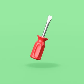 Cartoon Red Screwdriver Isolated on Flat Green Background with Shadow 3D Illustration