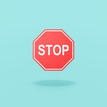 Classic Red Stop Road Sign Isolated on Flat Blue Background with Shadow 3D Illustration