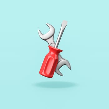 Cartoon Hand Tools Isolated on Flat Blue Background with Shadow 3D Illustration, Wrench and Screwdriver, Fix and Repair Concept