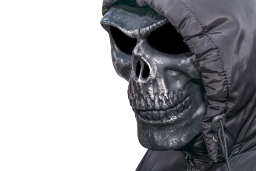Man in death costume for Halloween holiday, isolate on white background