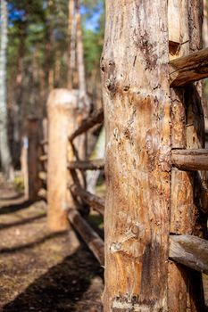 Large wooden fence posts that enclose an old wooden house in the forest. How people built houses and fences in the past. Ecological construction and materials.