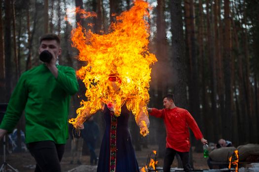Belarus, the city of Gomel, March 09, 2019.Maslenitsa.Holiday Seeing off winter.Burning scarecrow at the festival Maslenitsa.