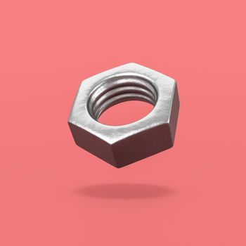 Single Metal Nut Isolated on Flat Red Background with Shadow 3D Illustration